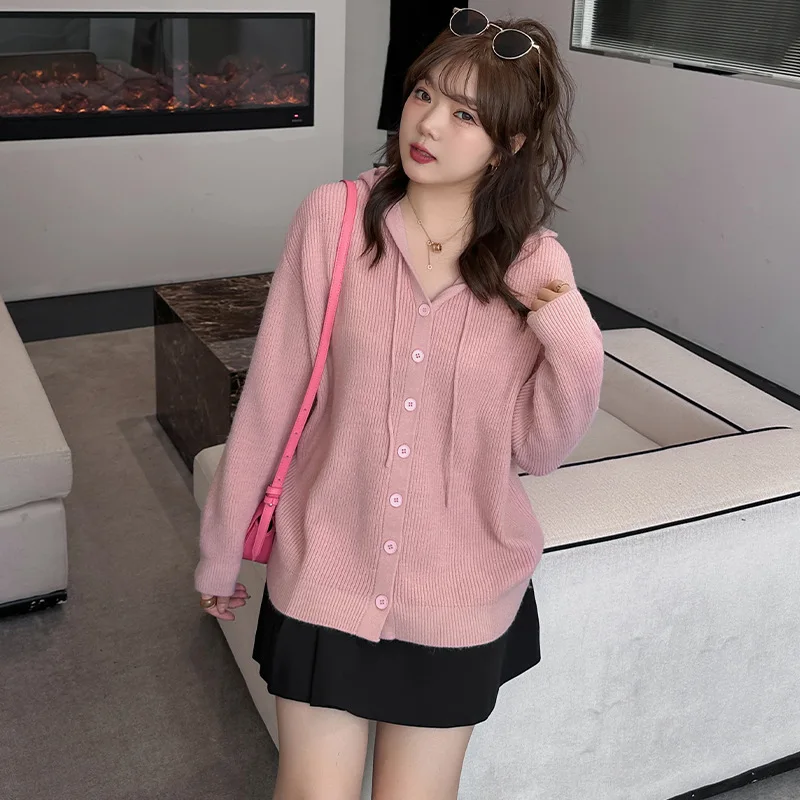 

100kg Big Size Women Clothing Women Hooded Drawstring Long Sleeve Cardigan Pullovers Autumn Winter Loose Knitted Cardigan Coat