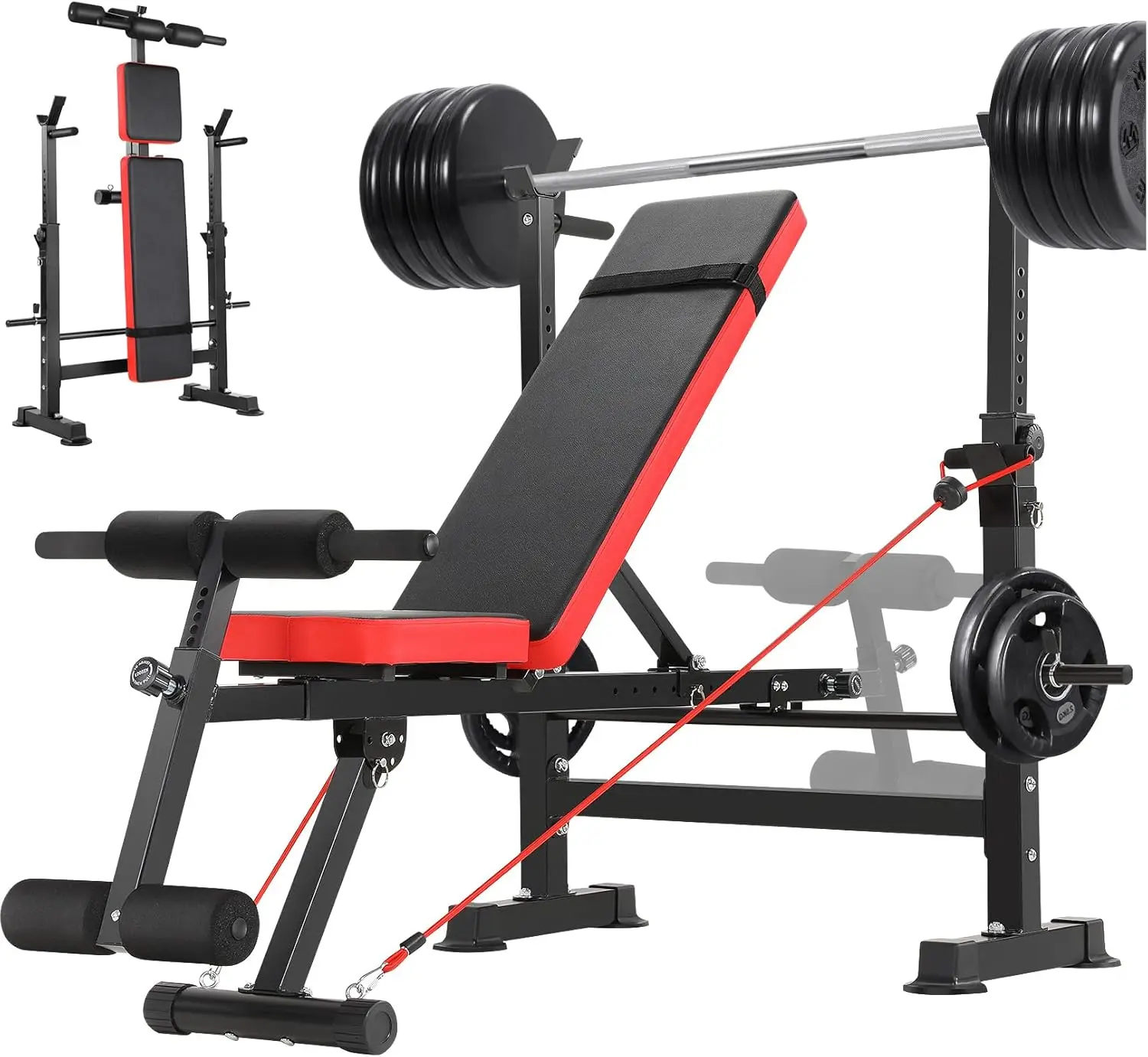 6 in 1 Adjustable Weight Bench with Squat Rack and Removable Foot Bracket, 600lbs Bench Press Set Workout with Weight Stor