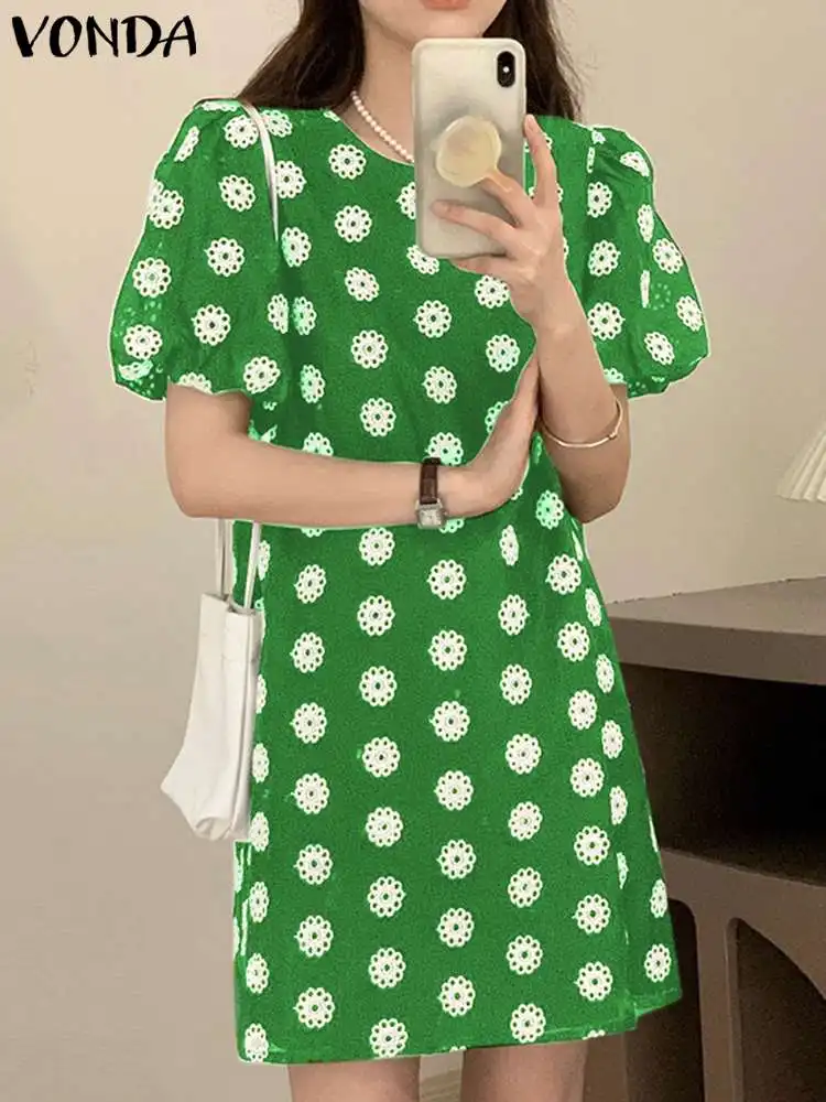 

Bohemian Women Mini Dress 2023 VONDA Summer Short Puff Sleeve Floral Printed Sundress Casual Loose Holiday Beach Vestidos Robe