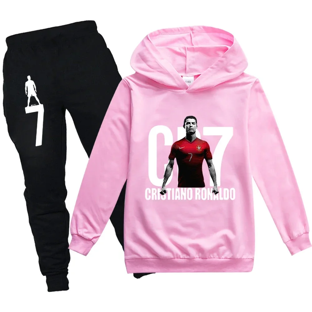thumbnail image 1 of Conjunto de 2 piezas de ropa con capucha y pantalones con estampado de fútbol CR7 para niños y niñas de 3 a 14 años, chándal para primavera y otoño, 1 of 5