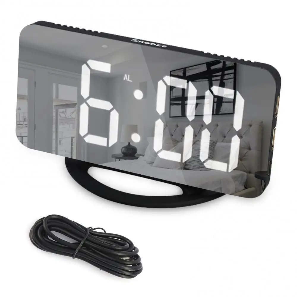 LED Digital Alarm Clock Mirror Surface Light Sensing 3 Adjustable Brightness Clock with Dual USB Ports despertador digital wall clock