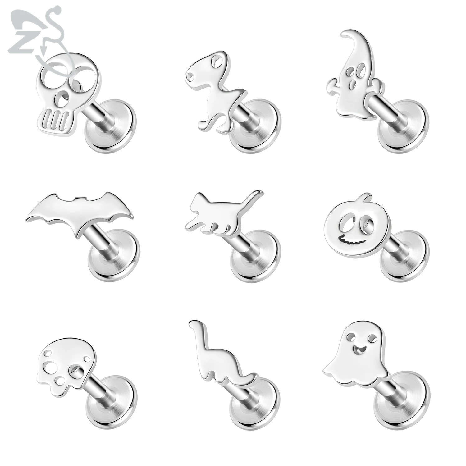 ZS 9pcs/lot Punk Pumpkin Ghost Shape Labret Lip Piercing 16G Stainless Steel Stud Earring Cartilage Tragus Helix Piercings 6/8MM