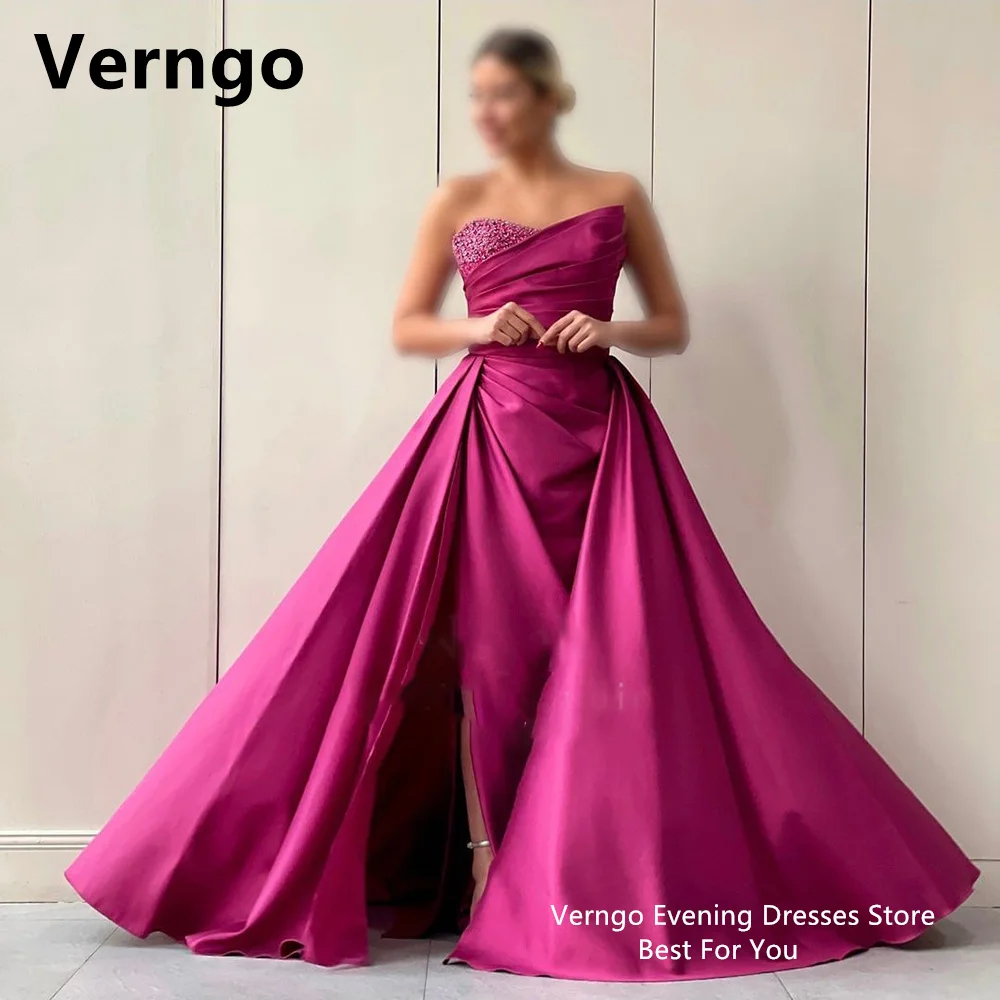 

Verngo Pink Strapless Sleeveless Evening Dresses Sequined Prom Gowns Formal Dress Pleat Draped Train Wedding Party Dress