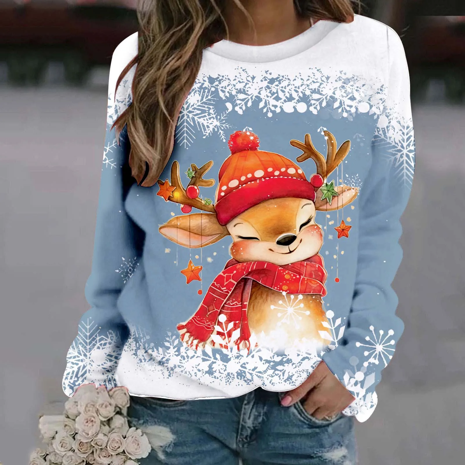 

Junior Sweatshirts Plain Women's Christmas Print Sweatshirt Warm Casual Round Neck Hoodie Junior Long Sleeve