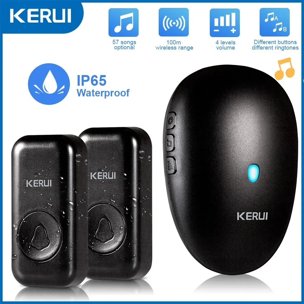 KERUI M525 Wireless Doorbell Waterproof Wireless Door Bell Chime Kit 150m Operating Range With 32 Chimes 4 Volume Levels 2 110 240v Receivers 1 Transmitter Button Kit Black Color I.608909434