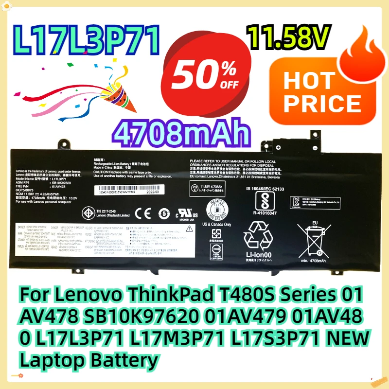 For Lenovo ThinkPad T480S Series 01AV478 SB10K97620 01AV479 01AV480 L17L3P71 L17M3P71 L17S3P71 NEW Laptop Battery