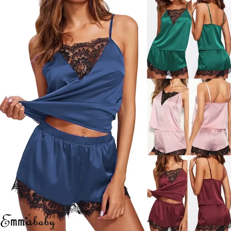 Women Ice Silk Pajamas Sleepwear Pajama Set Nightgowns Nightdress Camisole Shorts Black Red L XL Lace Casual Sexy Smooth 파자마
