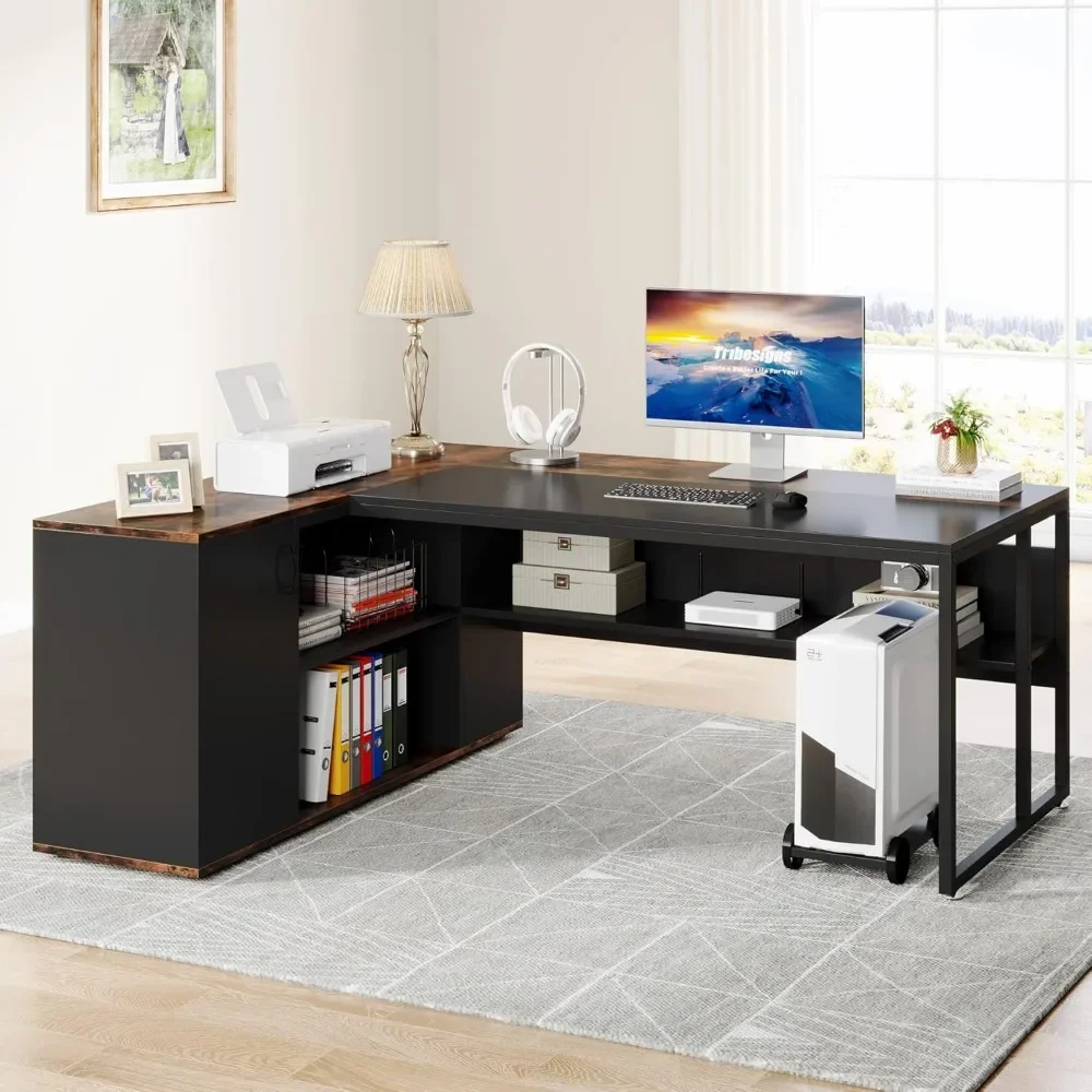 71 inch Executive Desk, L Shaped Desk with Cabinet Storage, Executive Office Desk with Shelves, Business Furniture