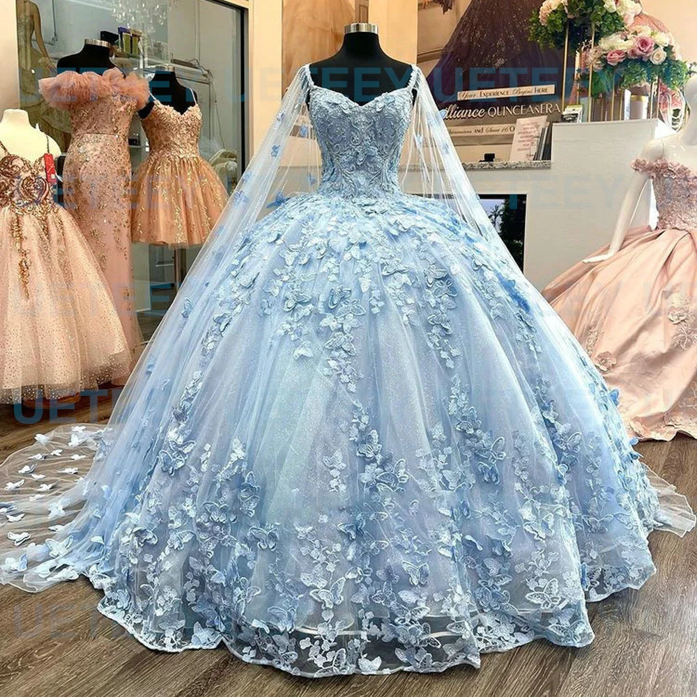 ANGELSBRIDEP Sky Blue Quinceanera Dresses 3D Handmade Butterfly Lace Appliqued With Cape Crystal Sweet 15 Vestidos De XV A&ntilde;os