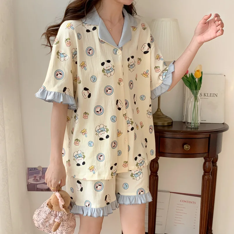 

Women's Pajamas New Summer Gauze Cotton Sleepwear Set Cartoon Pyjama Woman Home Nightwear Set Loungewear Short Sets