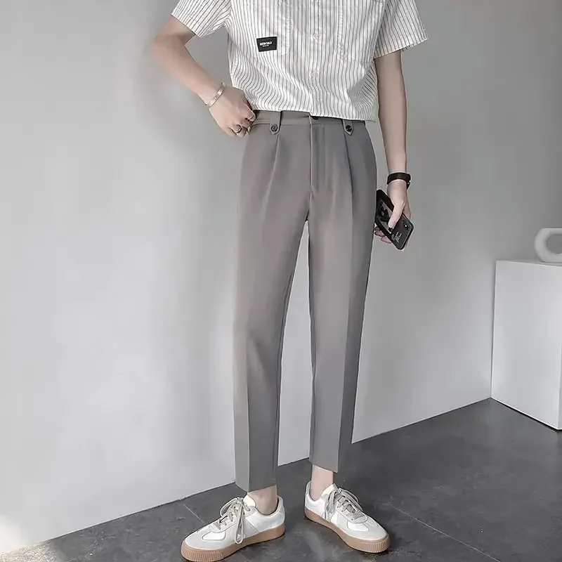 thumbnail image 1 of Pantalones holgados y elásticos para hombre, pantalones de oficina rectos y recortados, ropa de trabajo elástica fluida, vestido de estilo coreano, 1 of 5
