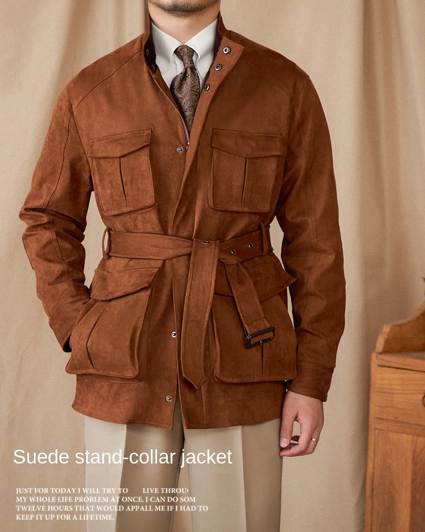 Gentry High-Style Wildleder-Jagdjacke, Gürtel, mehrere Taschen, warme, schmal geschnittene Freizeitjacke für Herren – Detail 1