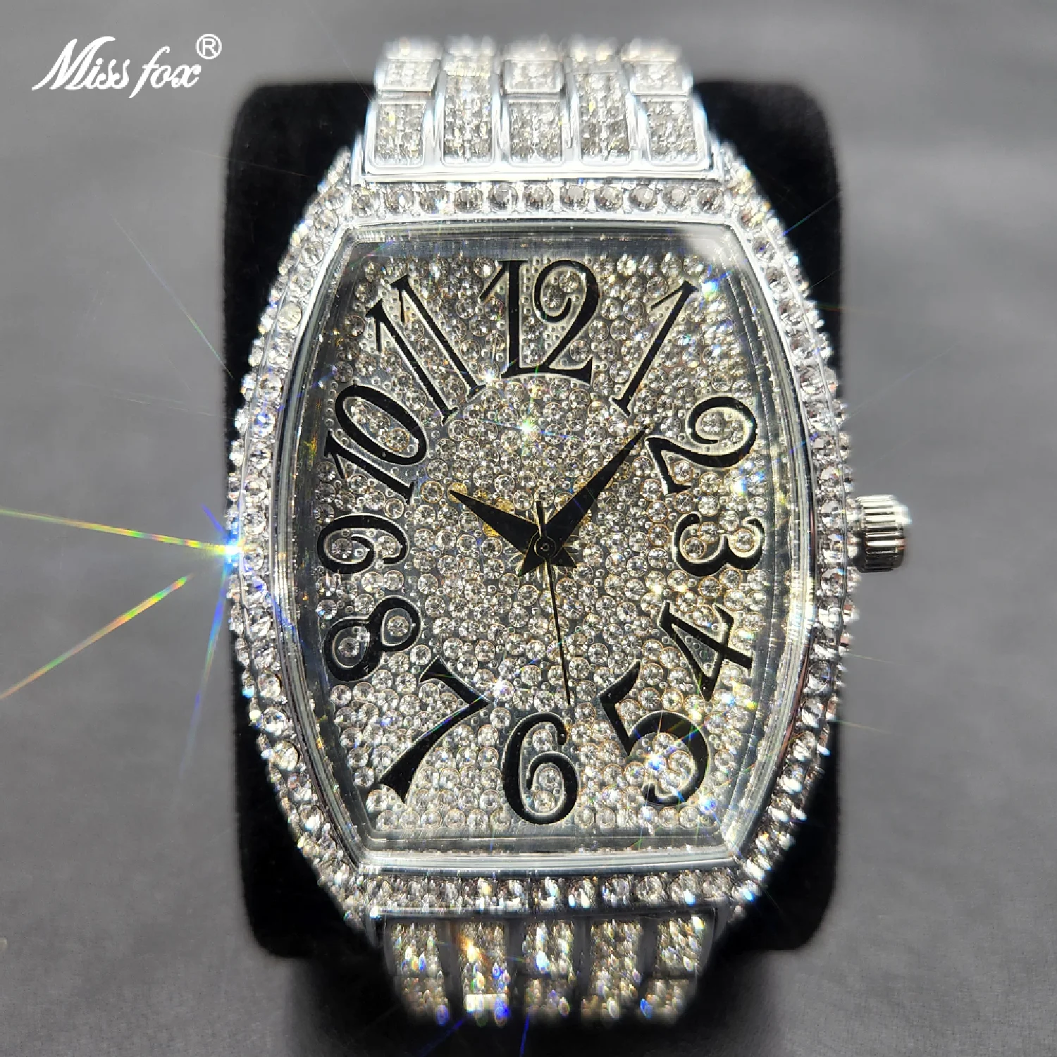 

New Ice Out Mens Watches Popular Tonneau Full Moissanite Silver Geneva Male Watch Hip Hop Original Waterproof Relogio Masculino