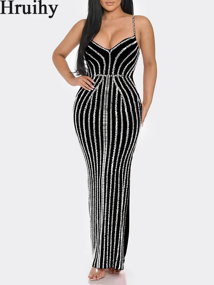 

One Piece Dress Women Diamonds Hot Rhinestones Stripe Spaghetti Strap V-neck Maxi Bodycon 2023 Vestidos Sexy Party Sling Dresses
