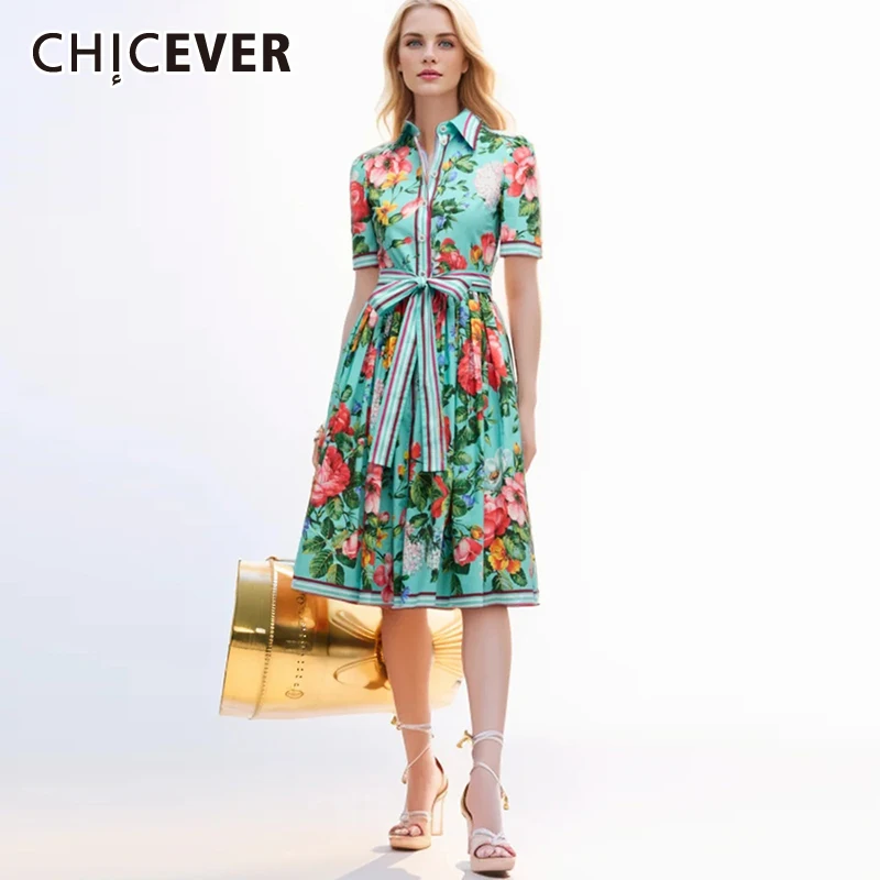 

CHICEVER Hit Color Vintage Dresses For Women Lapel Short Sleeve High Waist Spliced Lace Up Print Loose Folds Dress Female Summer