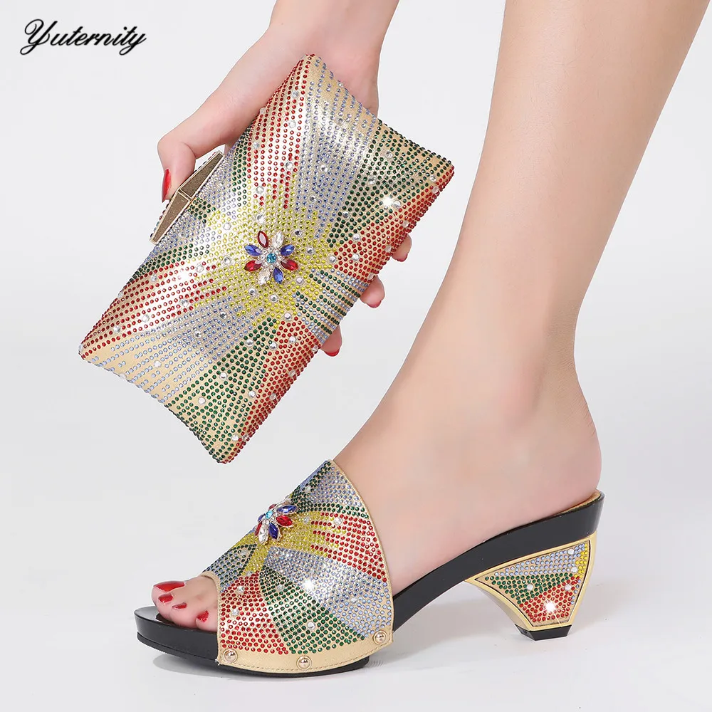 

African Summer Elegant Gold Color Sandals Shoes And Bag Set Italian Fashion Crystal Pumps Shoes And Bag Set For Party