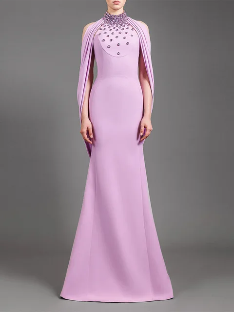 HIGH STREET Newest 2026 Designer Vestido Women's Diamonds Beaded Backless Cape Sleeve Floor Length Maxi Long Dress