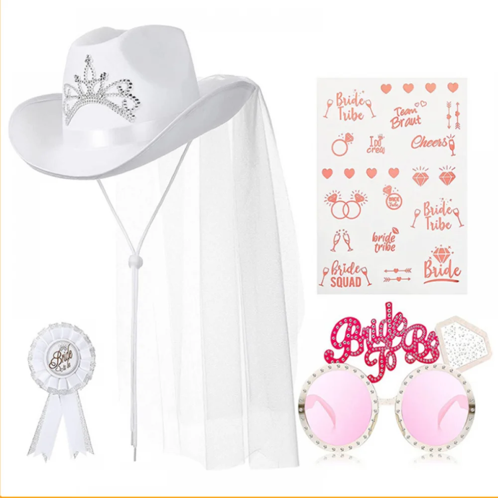 

Bachelorette Party White Cowgirl Hat Wedding Bridal Shower Decoration White Cowboy Hat Veil for Bride Country Western Novelty