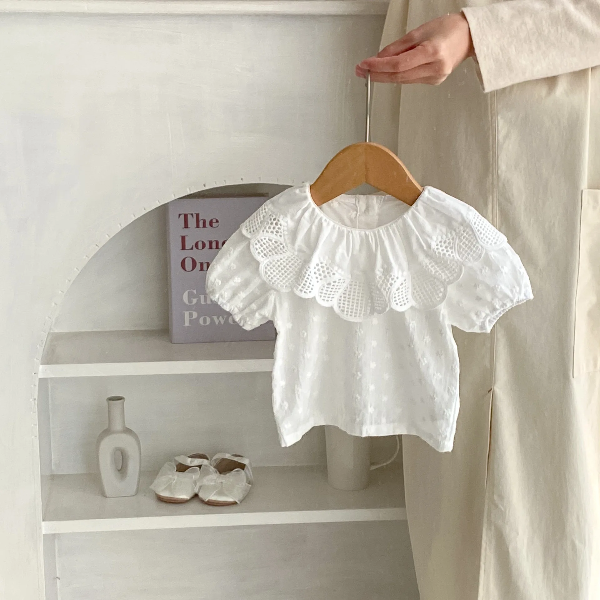 Summer Baby Girl Baby Trend Sweet Everything Solid Color Big Lace Collar Embroidery Small Flower Bubble Short Sleeve Blouse Base baby girl clothes kids bottoming shirt