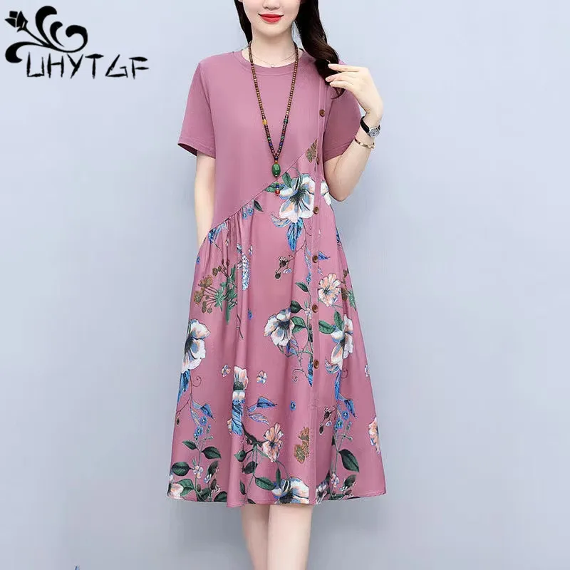 UHYTGF Vintage Large Size Dress Women New Print Crewneck Pullover Summer Dresses Female Short