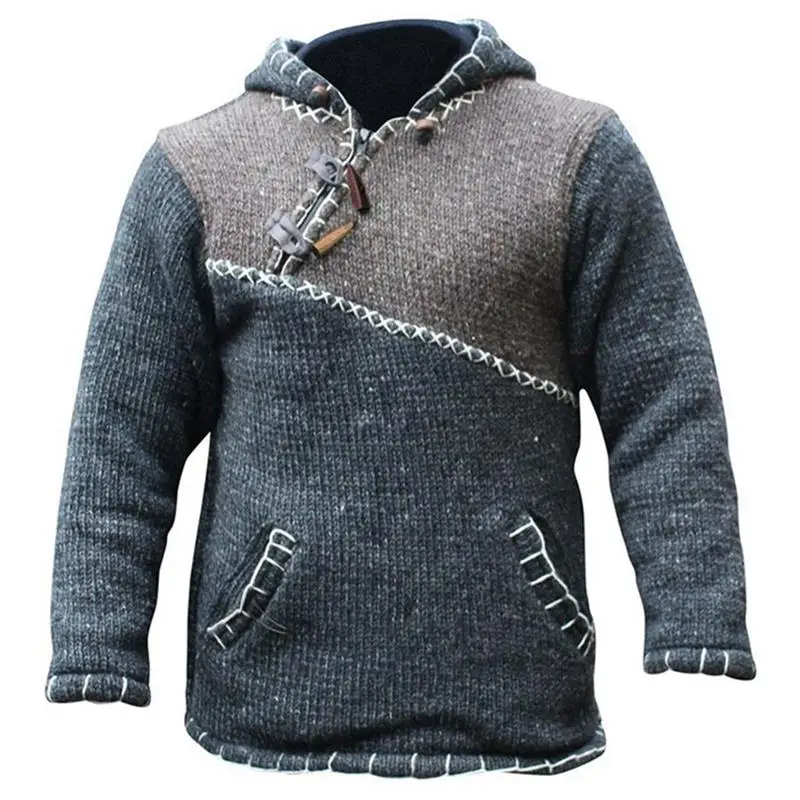 Men's Hooded Sweater Autumn And Winter New Thickening Fashion Trend Color Contrast Design Casual Sweater