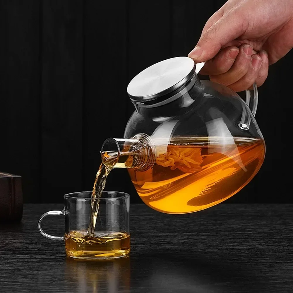Glass Teapots with Stainless Steel Lid, Heat Resistant Kettle, Cold Water Jug, Clear Juice Container Cover, 1000ml, 1800ml