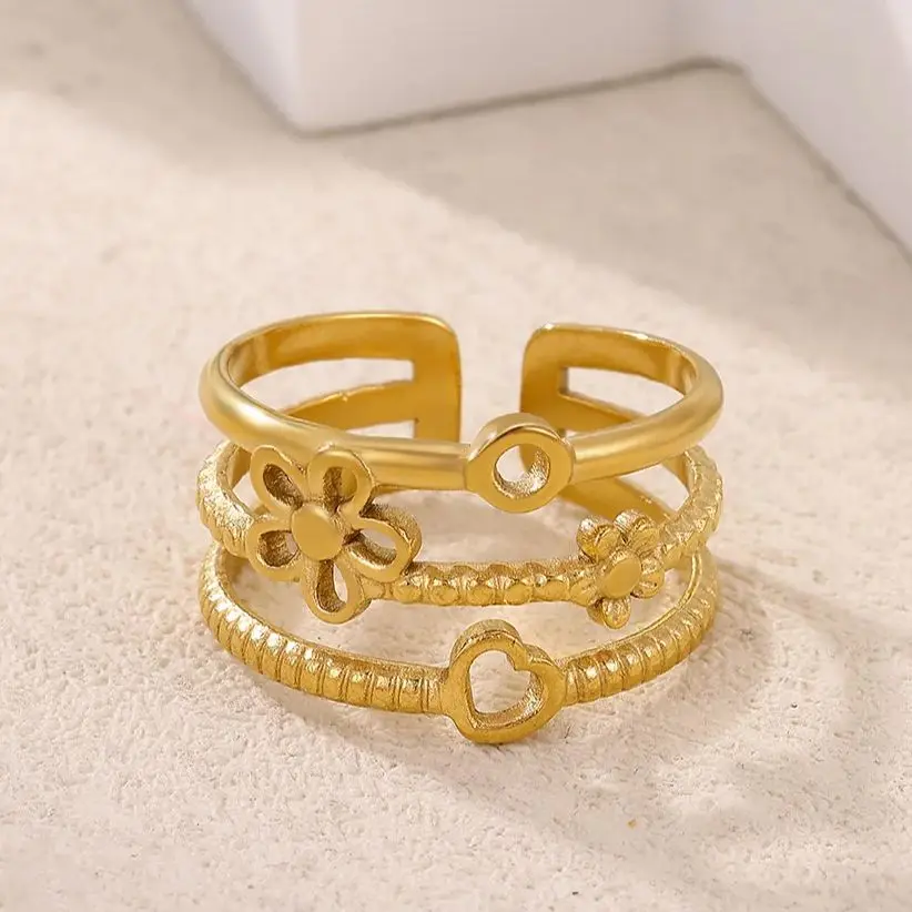 Fashion 3-Layer Stackable Heart Flower Rings Stainless Steel Adjustable