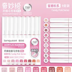 Vibrant Acrylic Paint Art Marker Set - 9 Soft Brush Pens for Creative DIY Projects (Candy Pink Series)