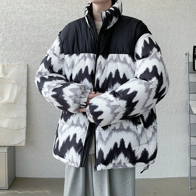 

Oversize Men Jacket Winter Patchwork Stand-up Collar Printing Coat Cotton-Padded Jacket Unisex Thick Warm Vintage Fashion Parkas