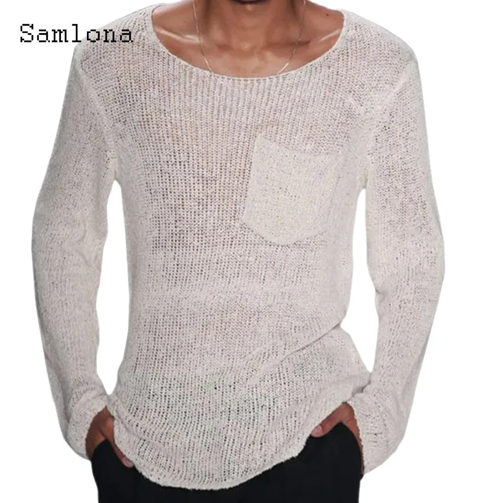 

Samlona Men Long Sleeves Knitted Sweater Mens Knitwear 2023 New Sexy Fashion Hollow Out Top Pullovers Male Solid Pockets Sweater