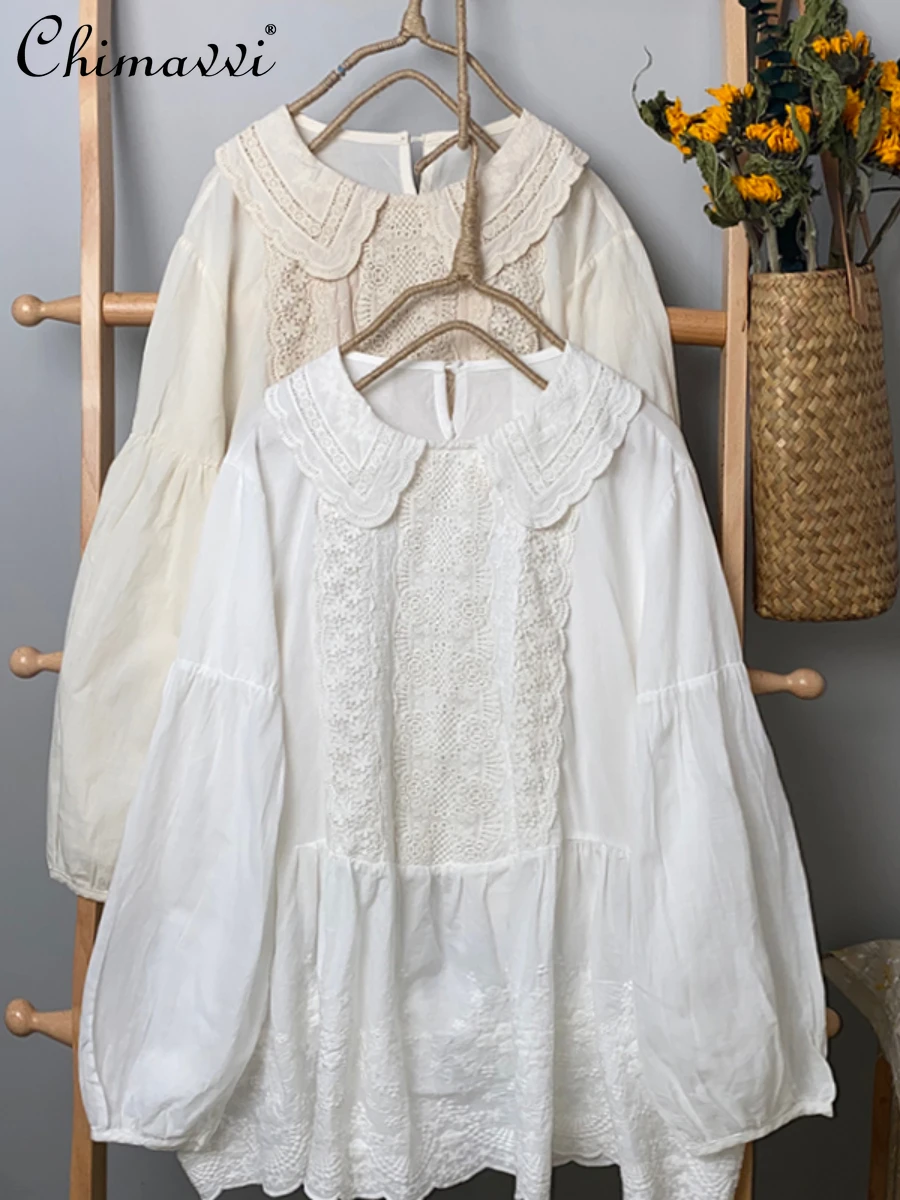 Japanese Style Hollow Embroidered Long-Sleeved Shirt 2024 Summer Clothes New Sweet Loose Casual Girl Style Elegant Doll Shirts