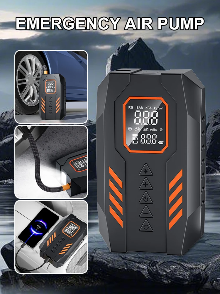 Car Jump Starter Power Bank Portable 150PSI Air Pump Car Battery Emergency Boosters Starting Device Starter LED Flashlight