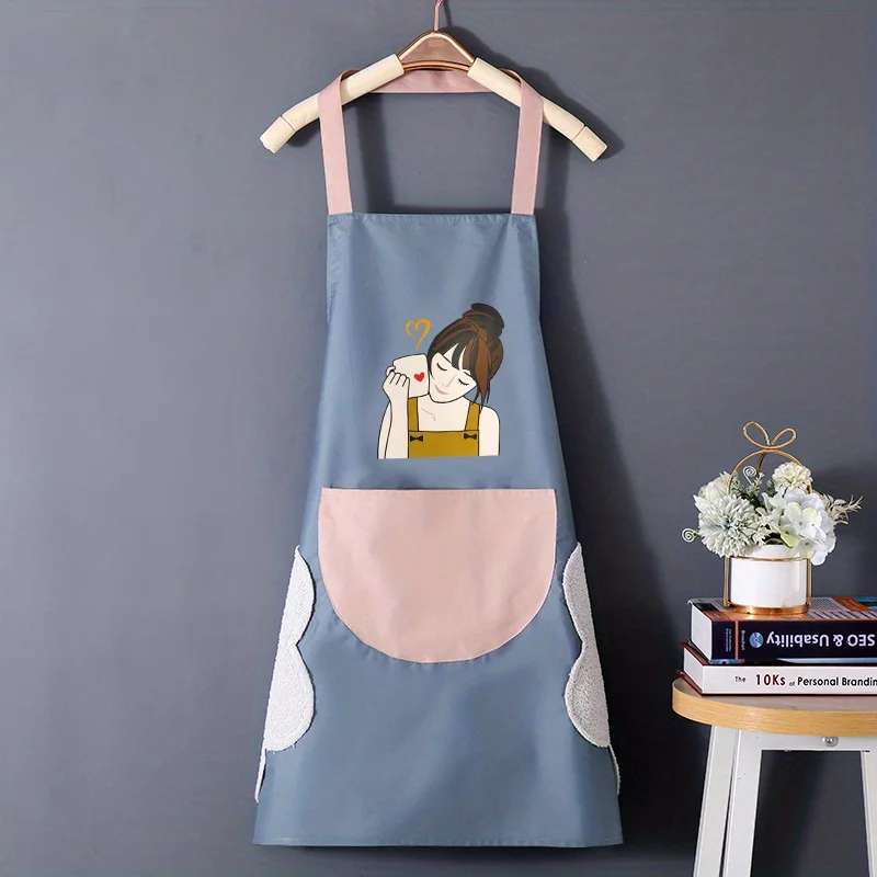 1PC Cute Cartoon Girl Printed Apron, Hand Erasable Apron - Oil Resistant Kitchen Apron for Home Cooking