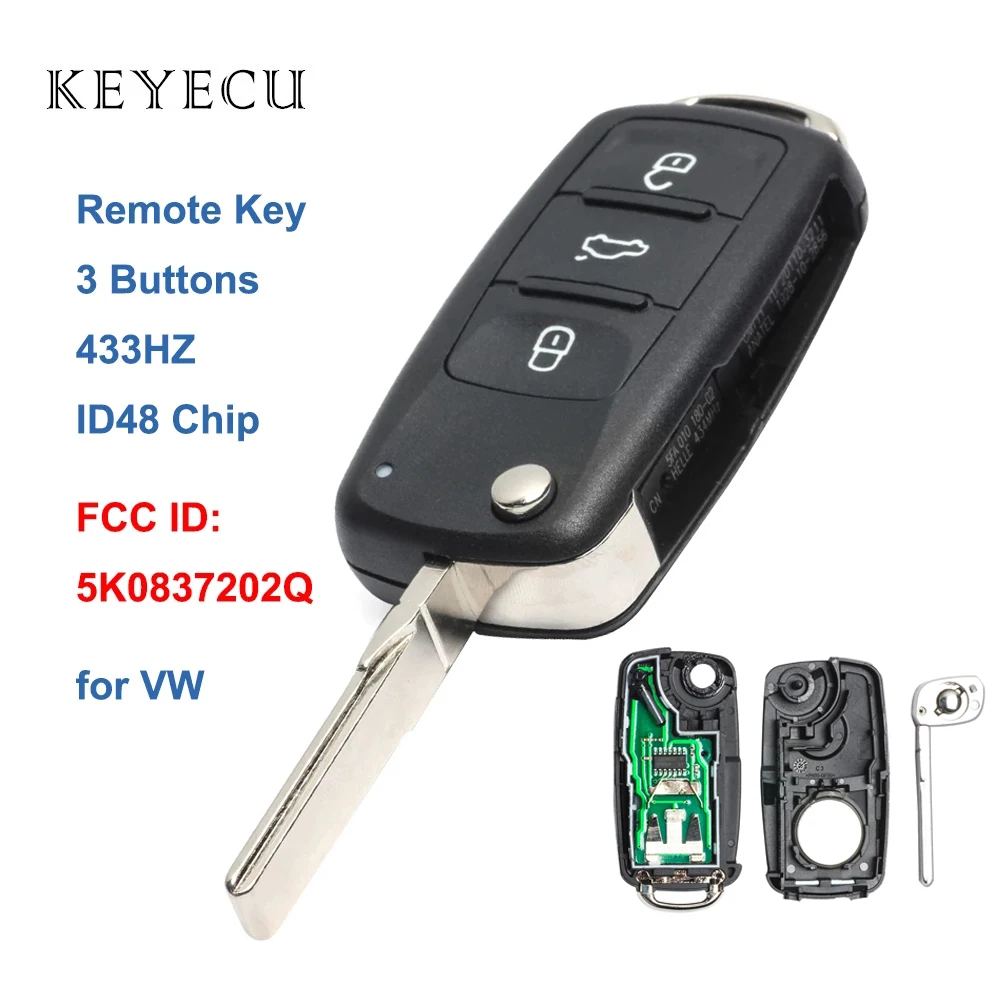 

Keyecu Remote Car Key Fob 3 Buttons 434MHZ ID48 for Volkswagen Beetle Caddy Golf Jetta 2011 2012 2013, 5K0 837 202 Q, 5K0837202Q