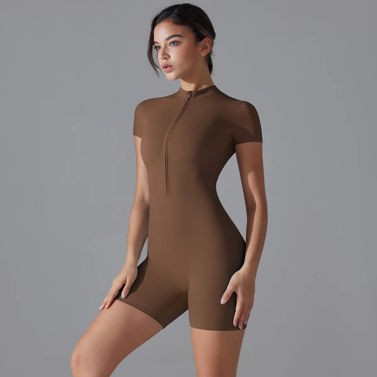 Yoga Set Damen Overalls Einteiliger Anzug Reißverschluss Kurzarm Gym Push Up Workout Kleidung Fitness Body Sportbekleidung Trainingsanzug – Detail 3