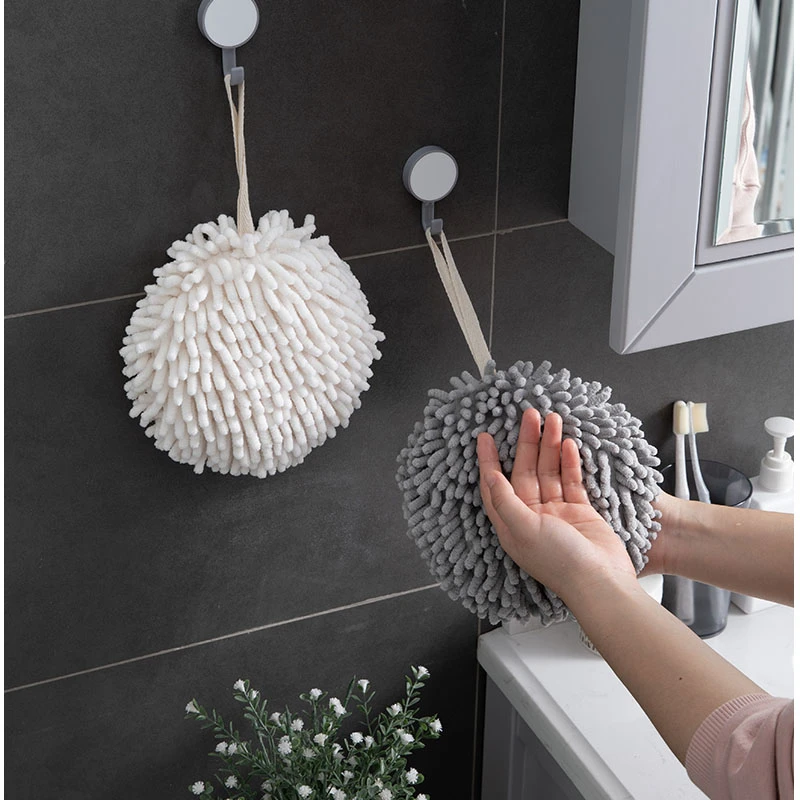 2pcs Chenille Hand Towels Kitchen Bathroom Hand Towel Ball with Hanging Loops Quick Dry Soft