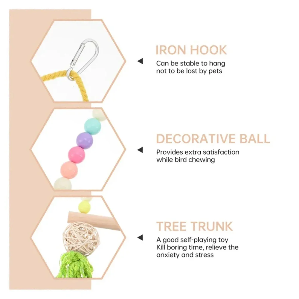 Random Color 1pc Beaded Solid Wood Bird Swing Toy with Bell Perch Claw Care Stand Toy for Parrot BirdCage Decorative Accessories