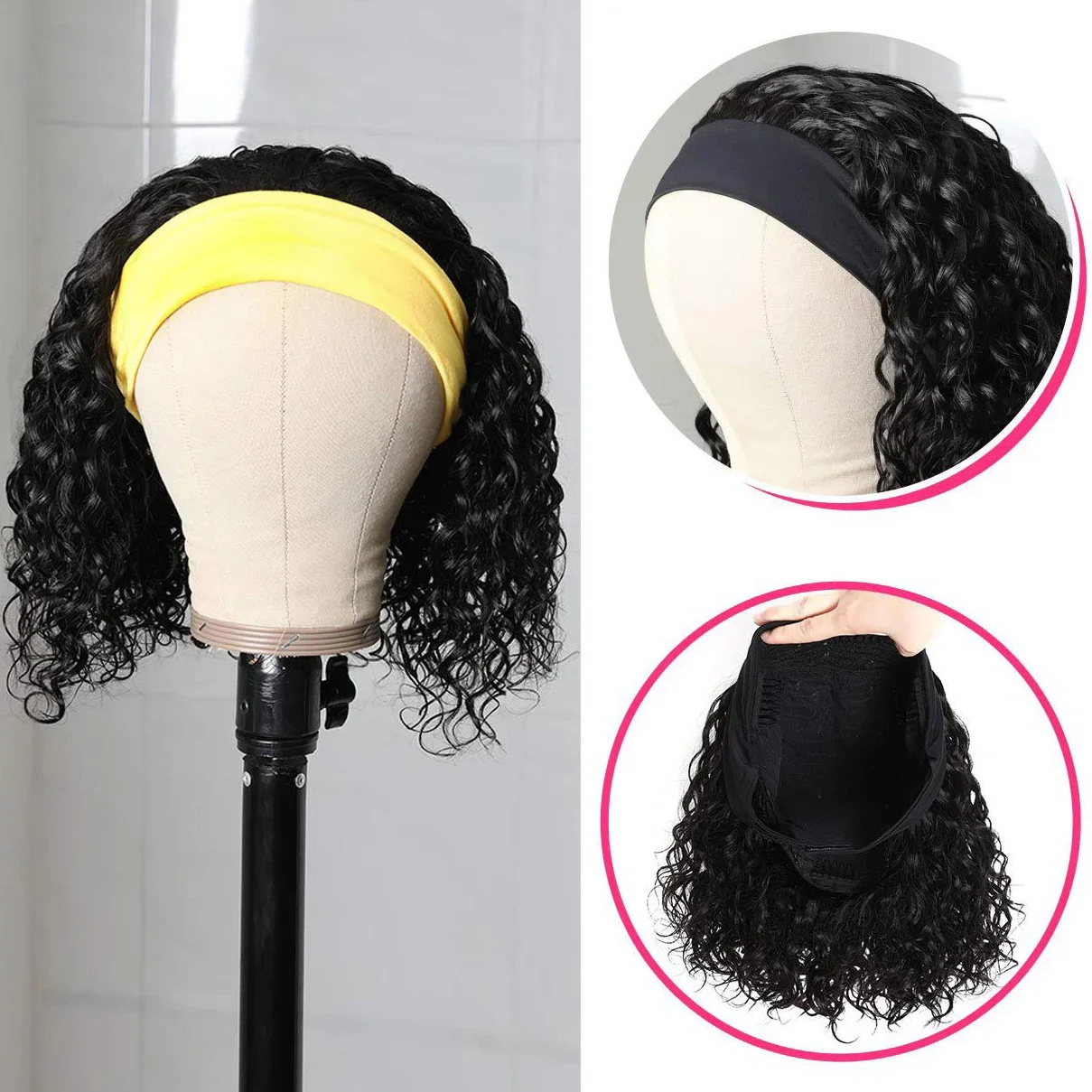 10-14 Inch Deep Wave Headband Wig Human Hair Curly Headband Wigs For Women Short Bob Wig Full Machine Made No Glue Under $40 2
