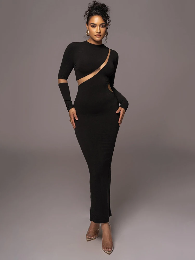 -Women's Split Long Sleeve Midi Dress, Sexy Hollow Out, Split, Irregular, Irregular, Party, Club, Evening