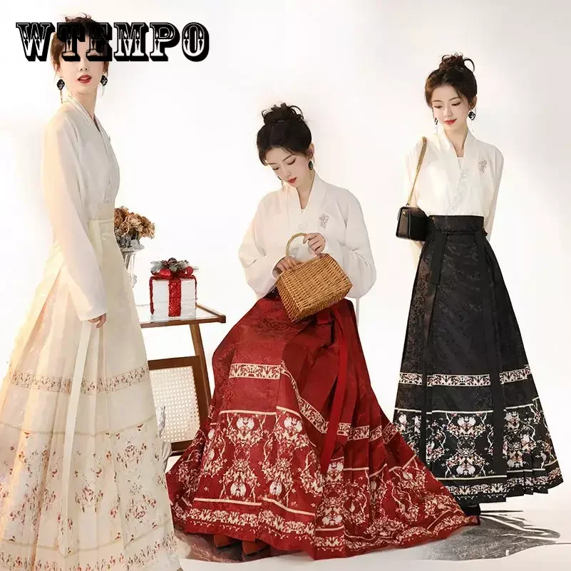 

WTEMPO Modern Hanfu Outfit Cross Collar Hanfu Shirt Horce Face Pleated Skirt Ming Dynasty Mamianqun Chinese Ancient Costume