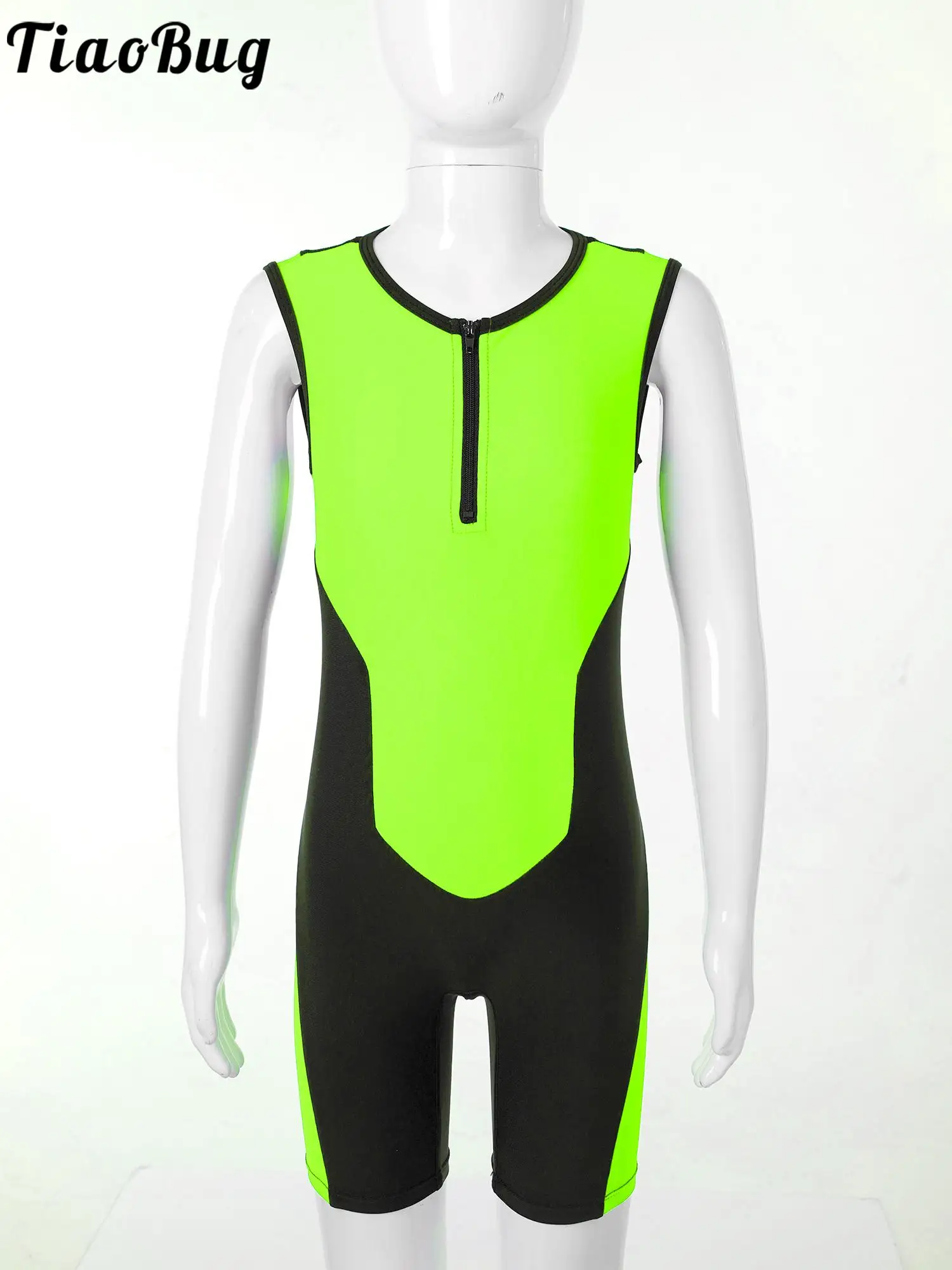 Kids Boys Sleeveless Quarter Zip Colorblock Mesh Patchwork Breathable Short Sport Jumpsuit for Workout Jogging Cycling