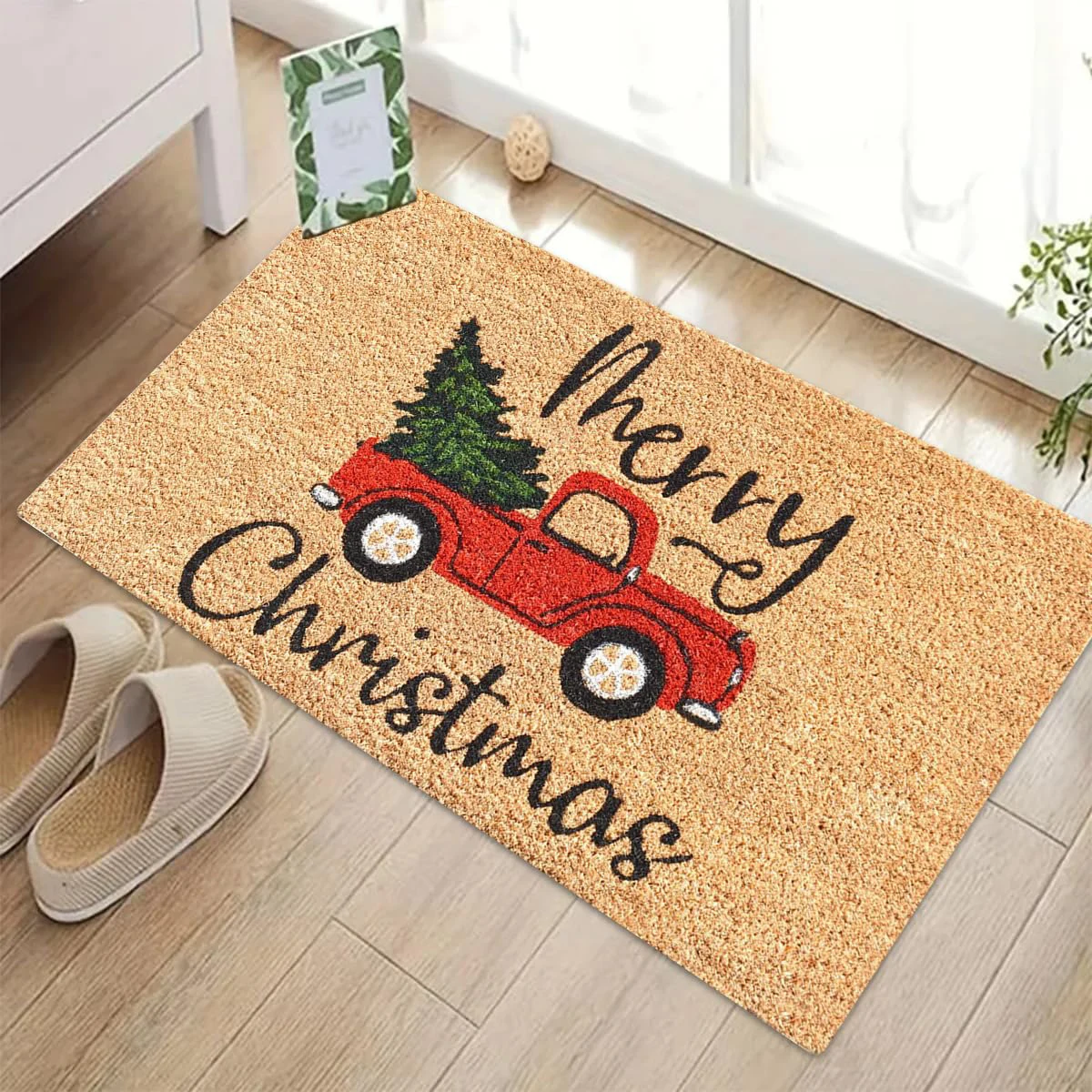 Merry Christmas Doormat Truck Christmas Tree Welcome Door Mat Non-Slip Water Absorbent for Garage Deck