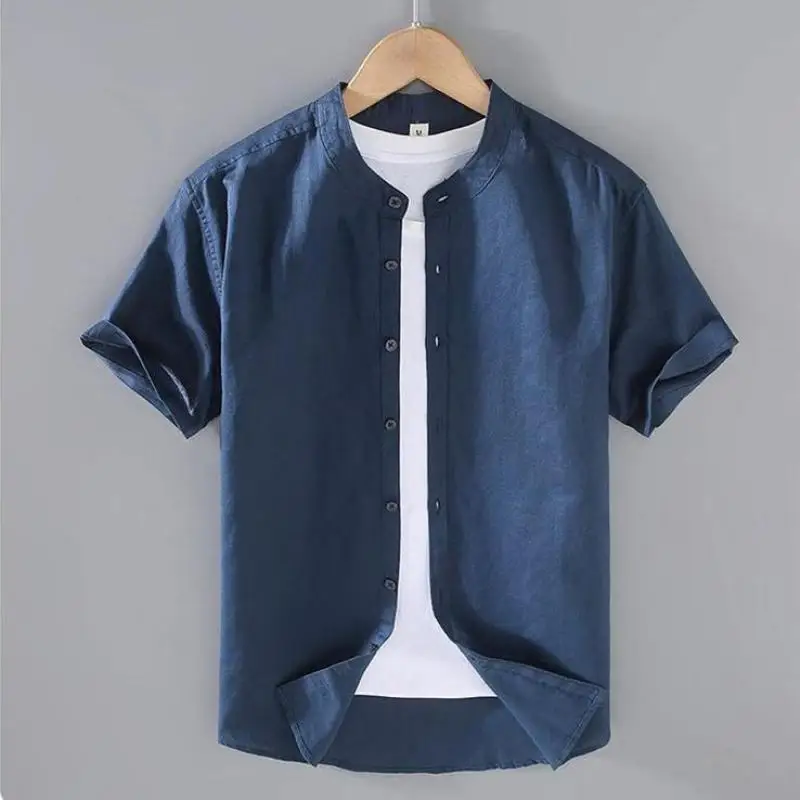 Cotton Linen Hot Sale Men's Short-Sleeved Shirts Summer Streetwear Plain Color Stand Collar Casual Beach Style Plus Size M-3XL