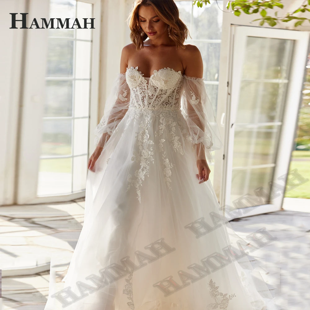 

HAMMAH Classic Sweetheart Wedding Dress Long Sleeve Zipper A Line Pleats Appliques Court Train Vestido De Casamento Personalised
