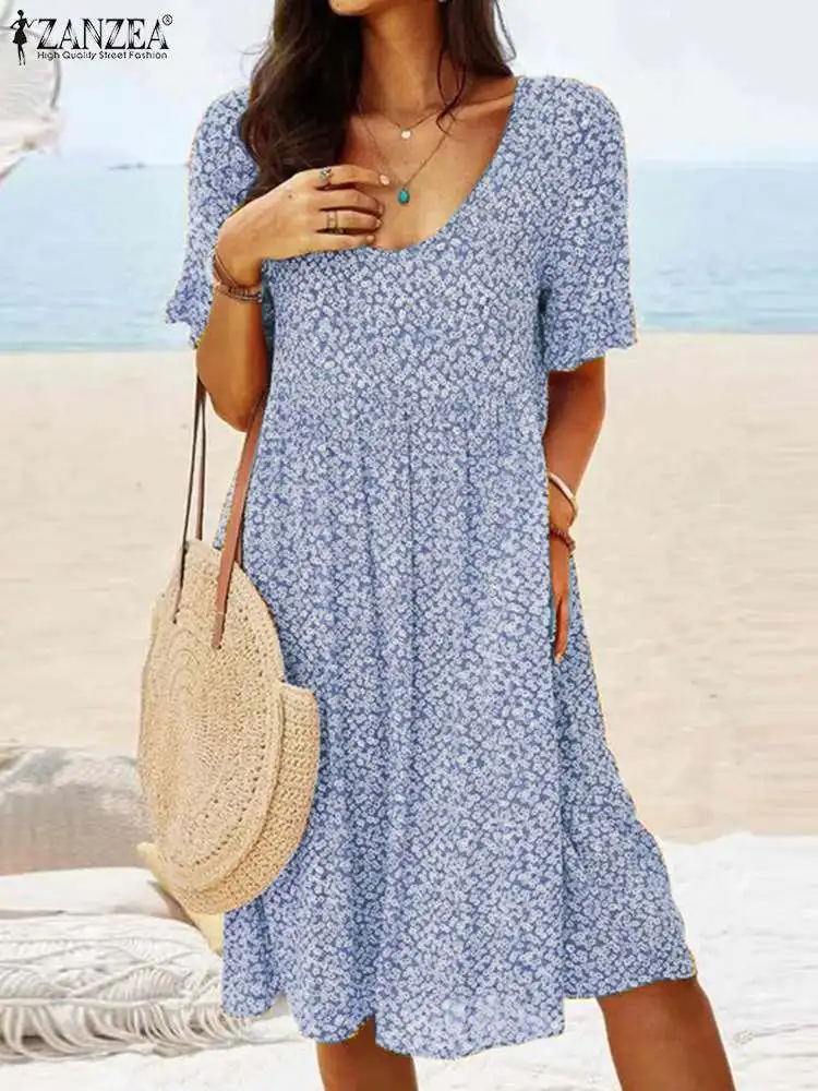 

ZANZEA Summer Floral Women's Dress Bohemian Printed Short Sleeve O-Neck Dresses Party Casual Beach Robe Knee Length Sundress