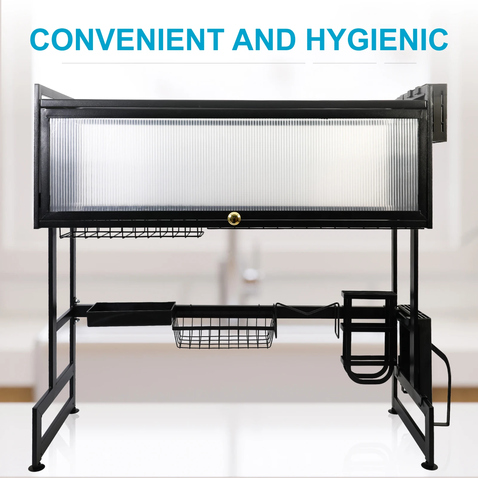 Küchenspüle, Regal, Haushalt, Geschirr, Abflussregal, Schwarz, Länge 85 cm, Luxus-Set, 2-stufige Aufbewahrungsbox – Detail 10