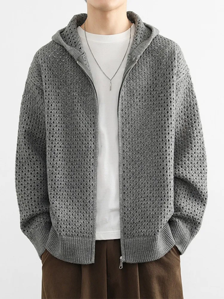 Mens Casual Knitted Hollow Out Sweater Coat Spring Autumn Loose Fit Hooded Jacket Zipper Streetwear Male Knitwear Solid Colors
