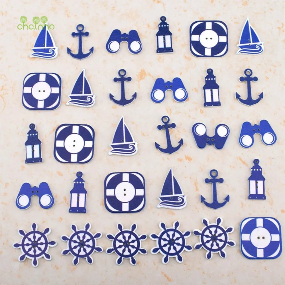Chainho,Wooden Buttons,2 Holes,Blue Marine Style,DIY Sewing & Quilting Accessories,For Clothes,Bags,Sweaters,60 Pieces,B08