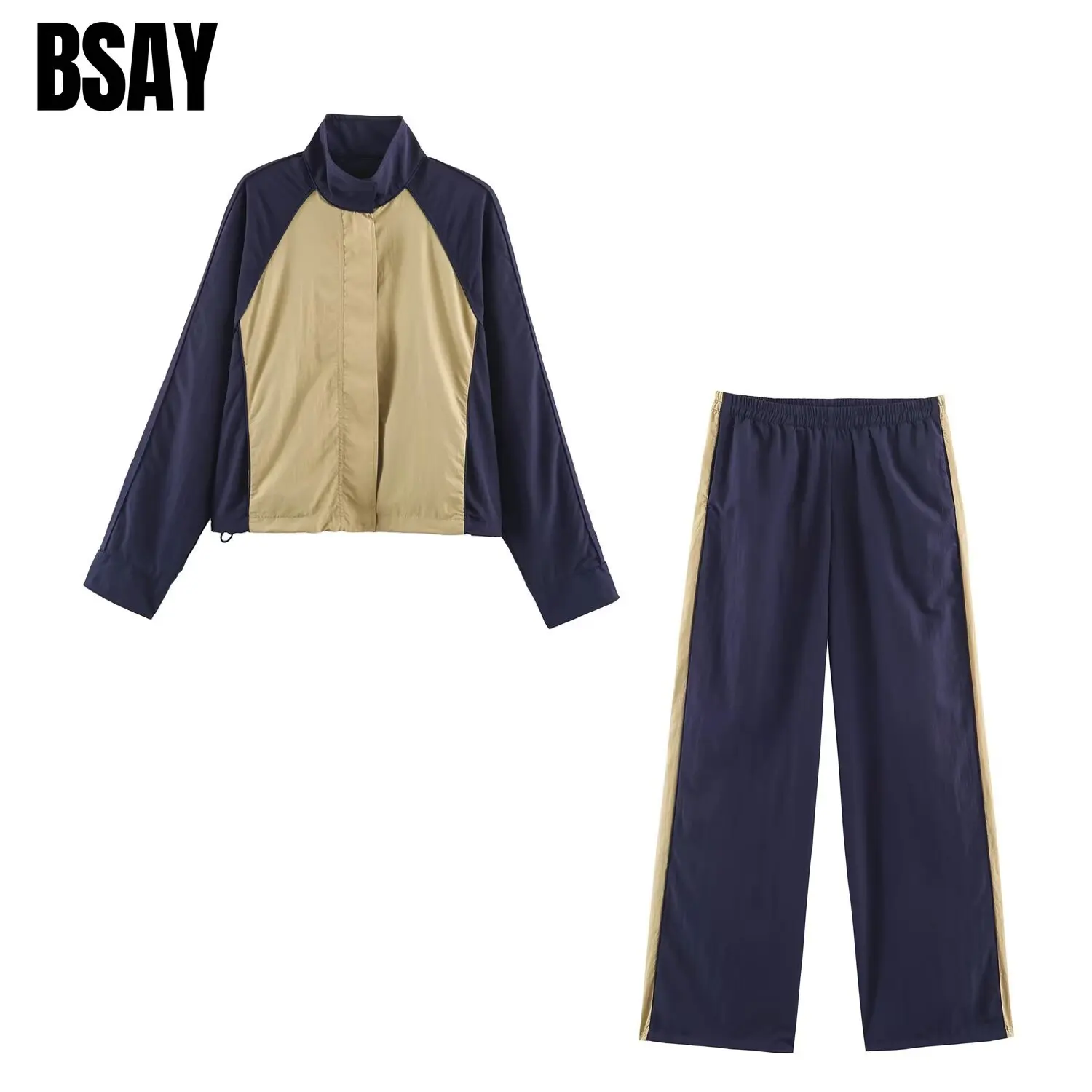 Ensemble 2 pièces BSAY pour femmes : veste courte à col montant et pantalon large à taille élastique, tenue décontractée pour le sport quotidien. 1