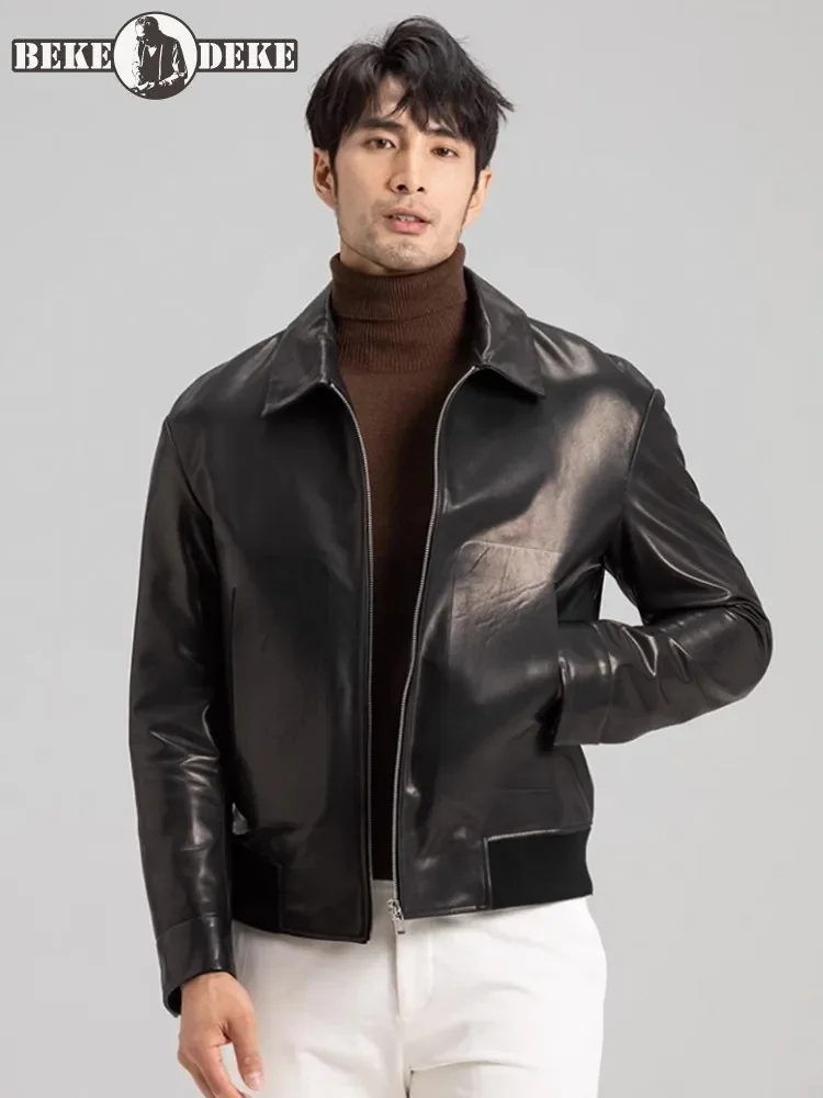 

Luxury Business Men Work 100% Goatskin Jacket Zipper Slim Fit Italian Designer Genuine Leather Lapel Collar Autumn Coat